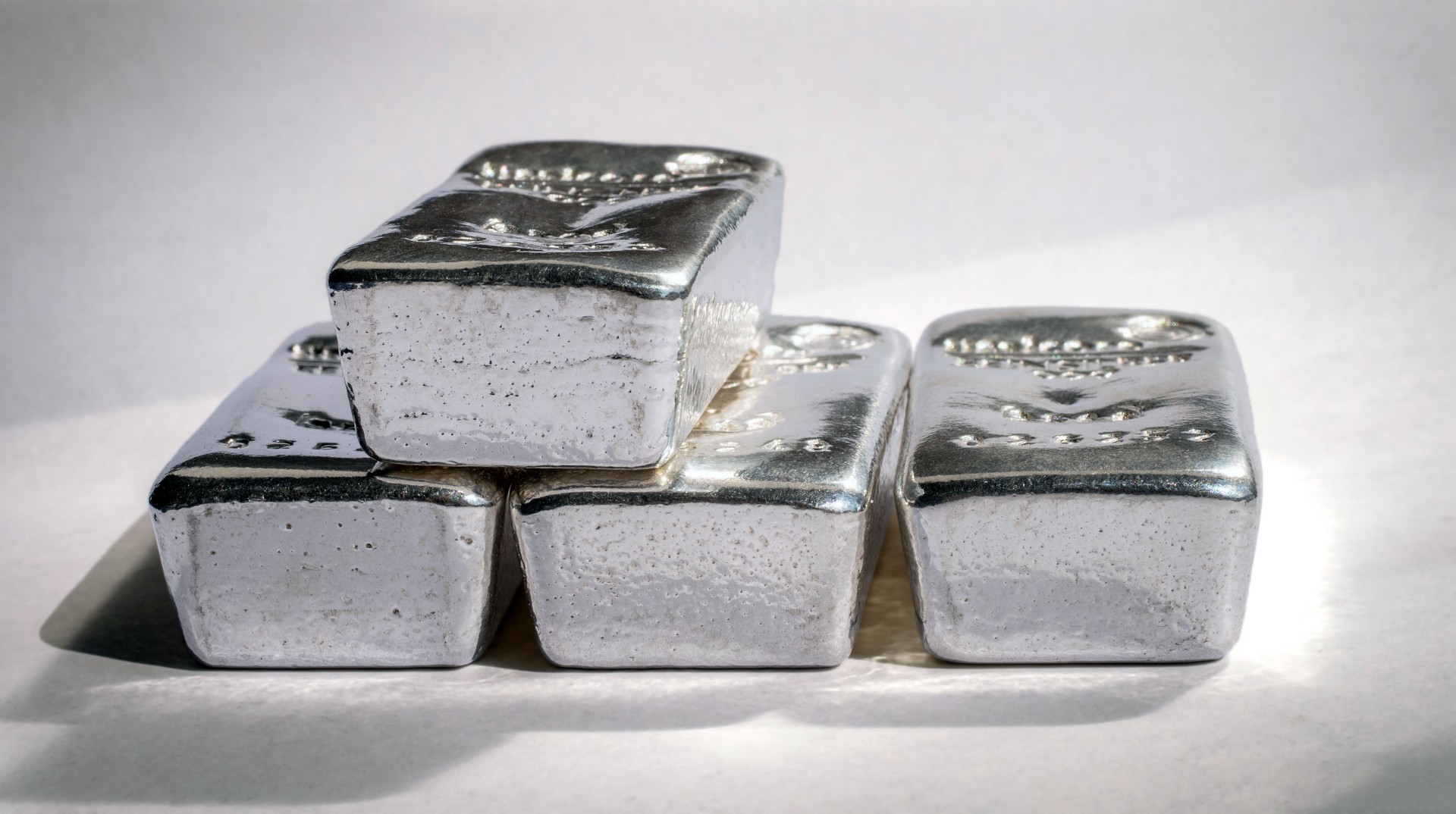 Four bullion bars of precious metal on a gray background.