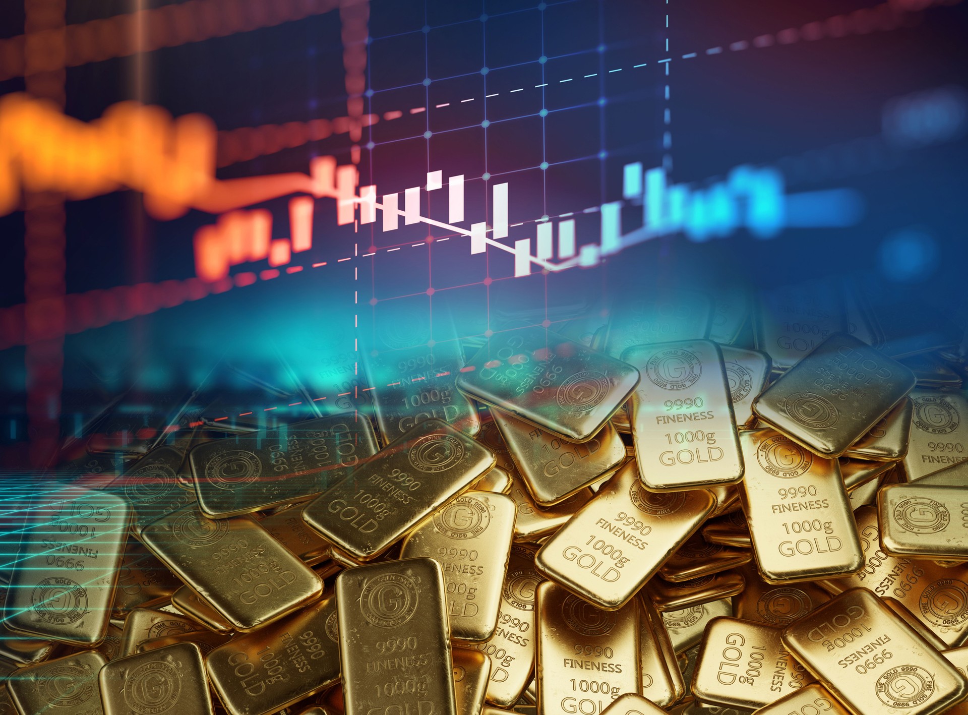 stack of  shiny gold bars on financial gold price graph  3d illustration