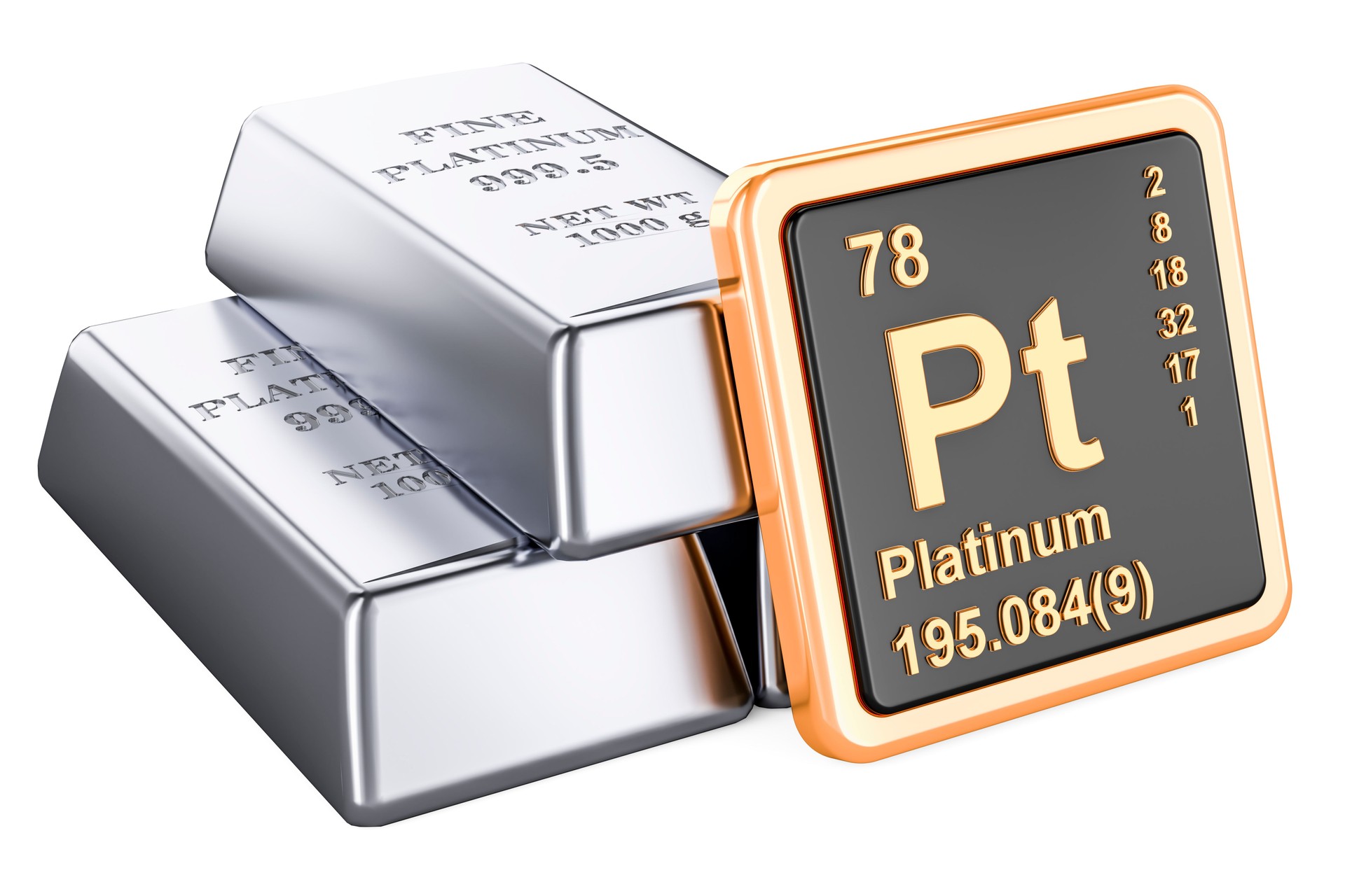 Platinum ingots with chemical element icon Platinum Pt, 3D rendering